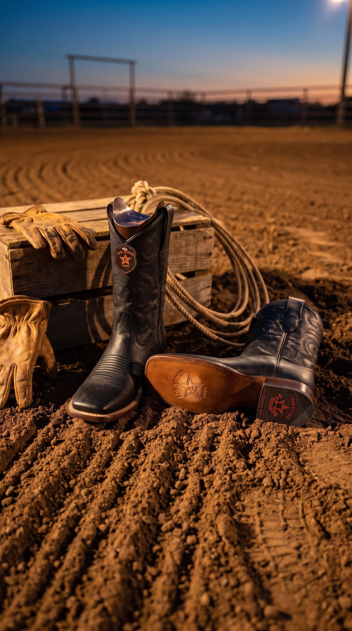 Los Altos Boots Men’s Rodeo Boot — Black, arena dirt, from above, looking down