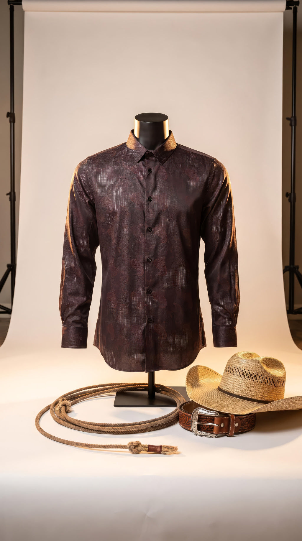 Platini Stretch Foil Western Shirt — Black, bone sweep, at eye level, centered