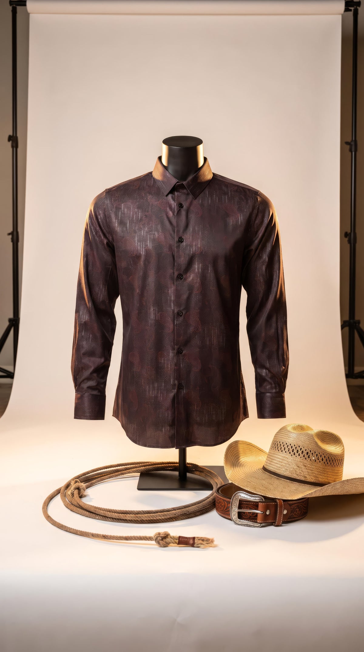 Platini Stretch Foil Western Shirt — Black, bone sweep, at eye level, centered