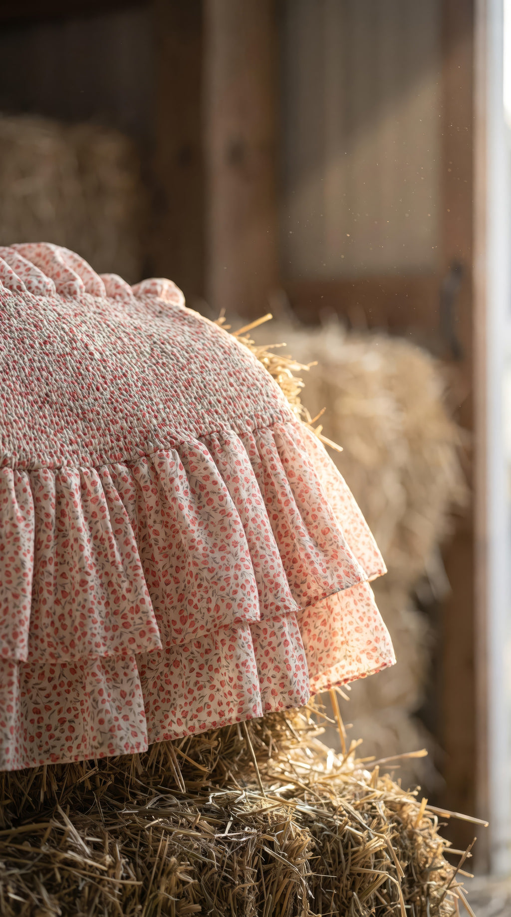 Timing Floral Smocked Dress — Pink, hay bale, close on the fabric