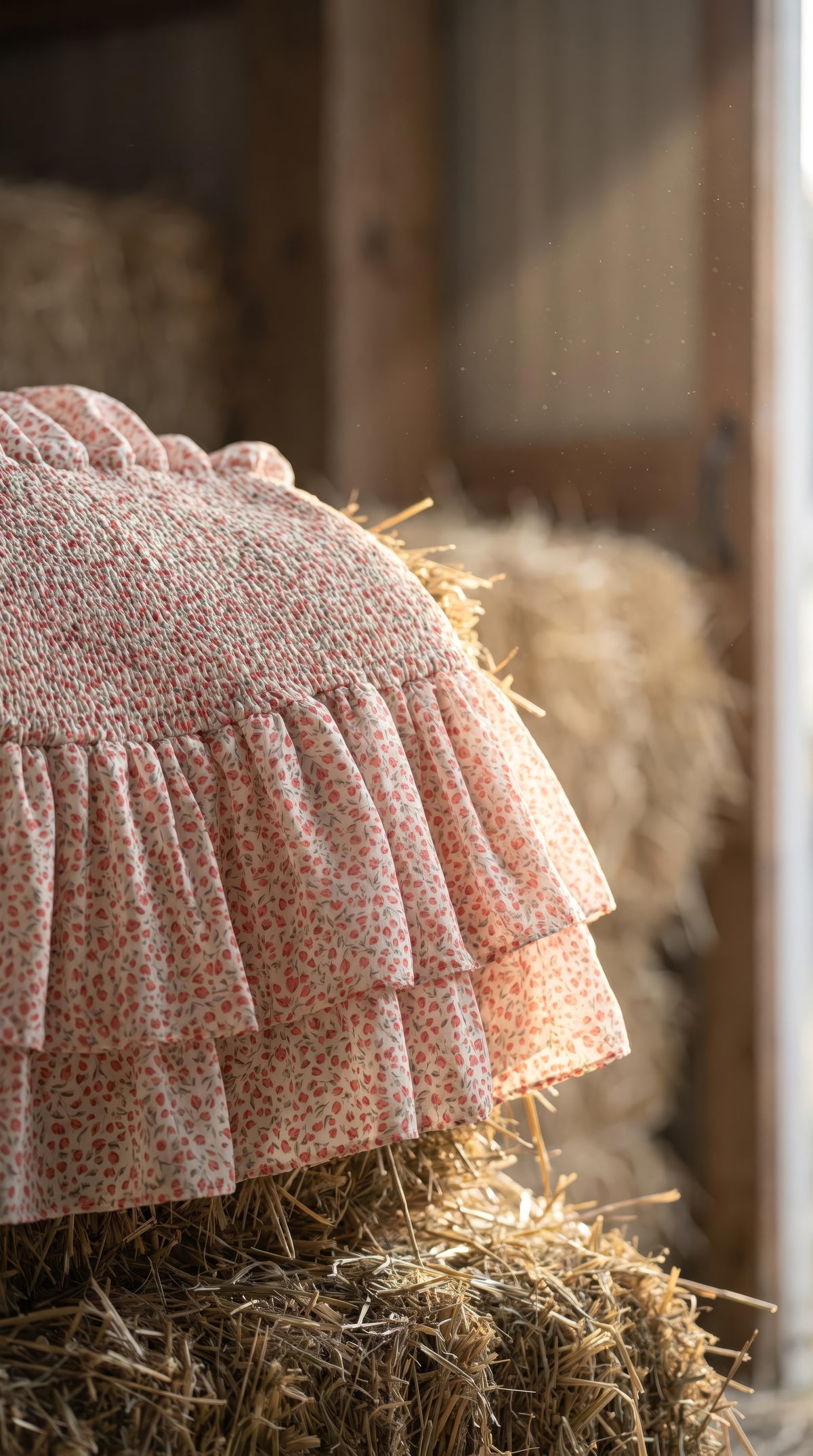 Timing Floral Smocked Dress — Pink, hay bale, close on the fabric