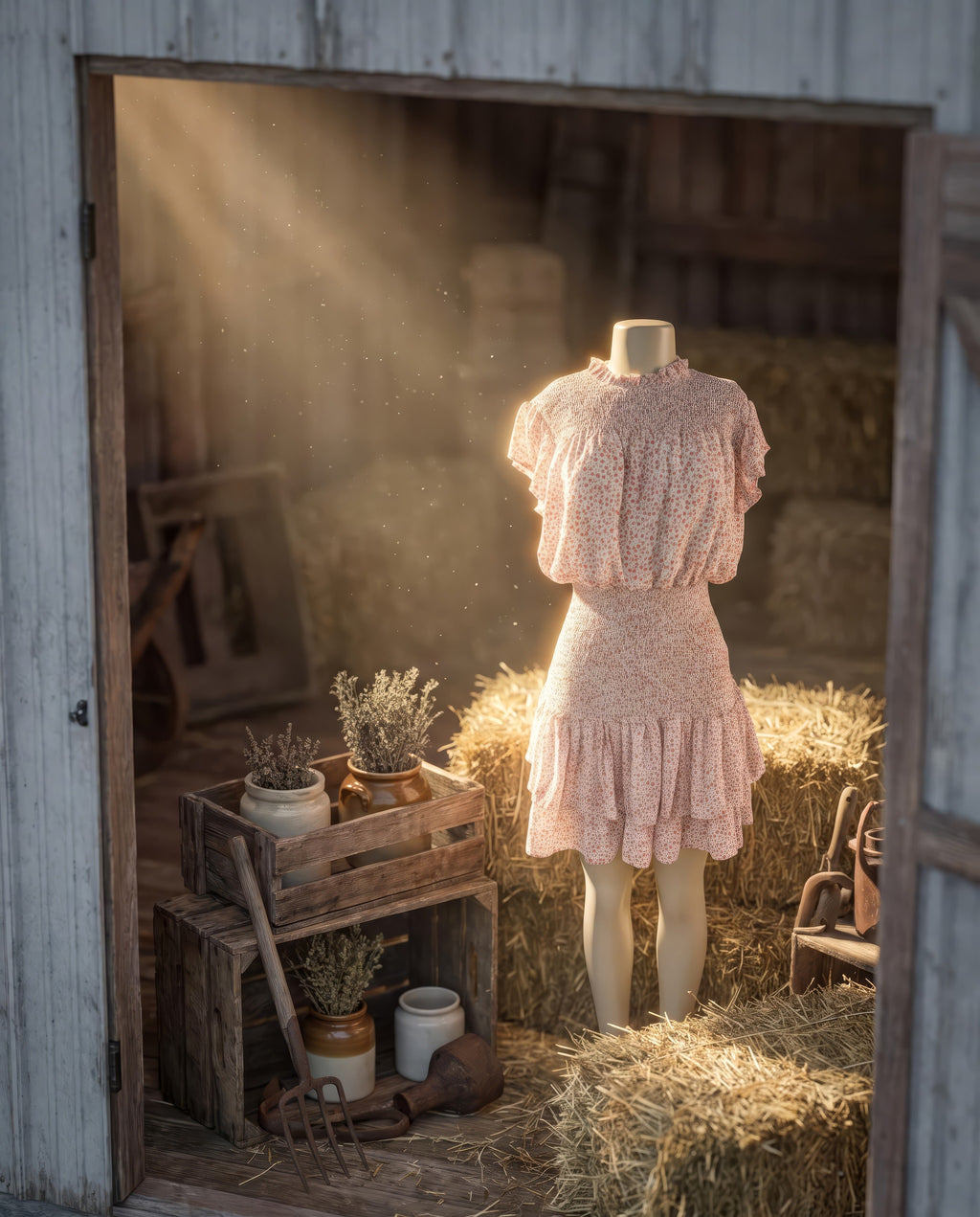 Timing Floral Smocked Dress — Pink, hay bale, from above, looking down
